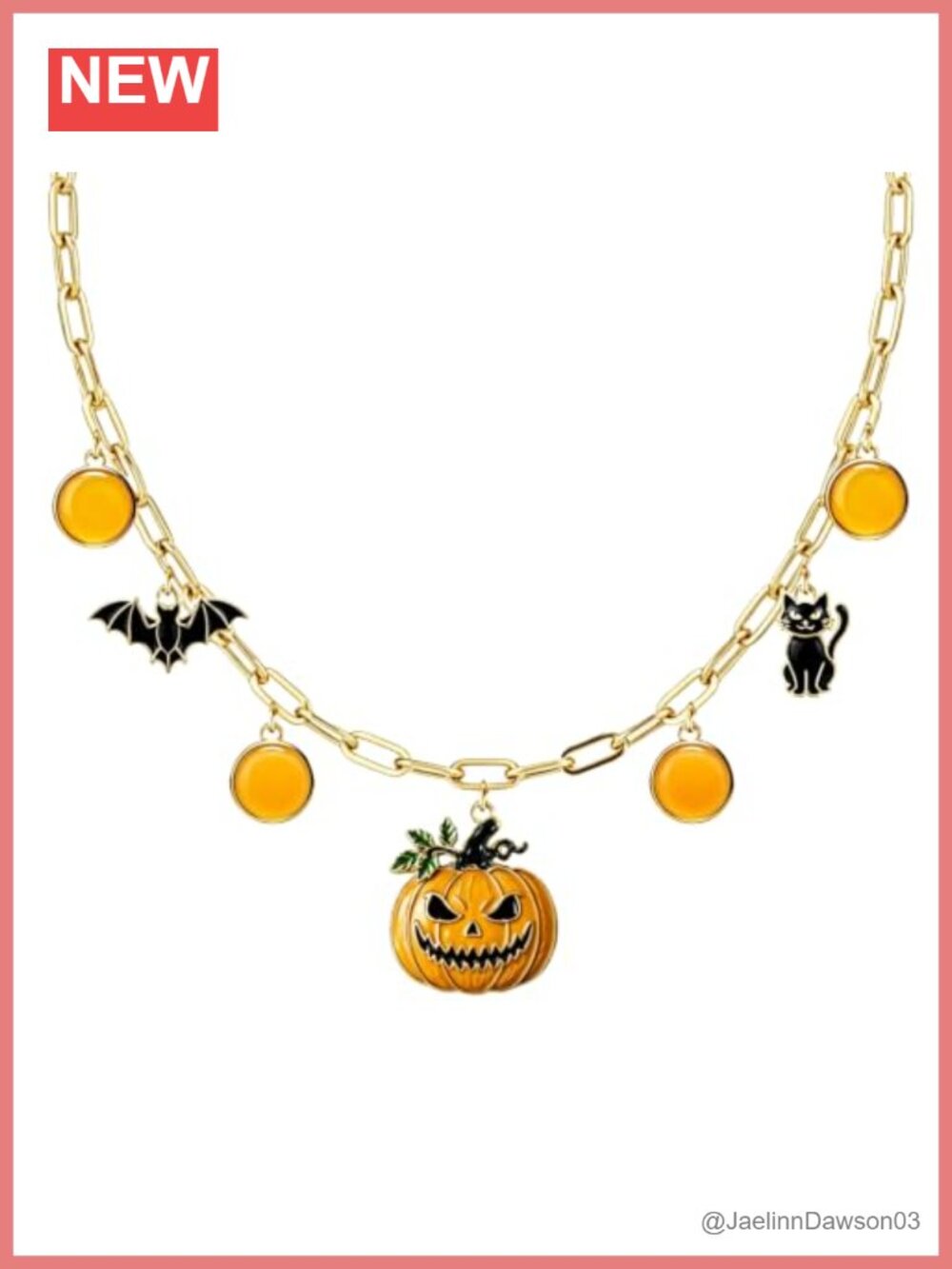 18K Gold Pumpkin Pendant Necklace with Bat & Black Cat Charm